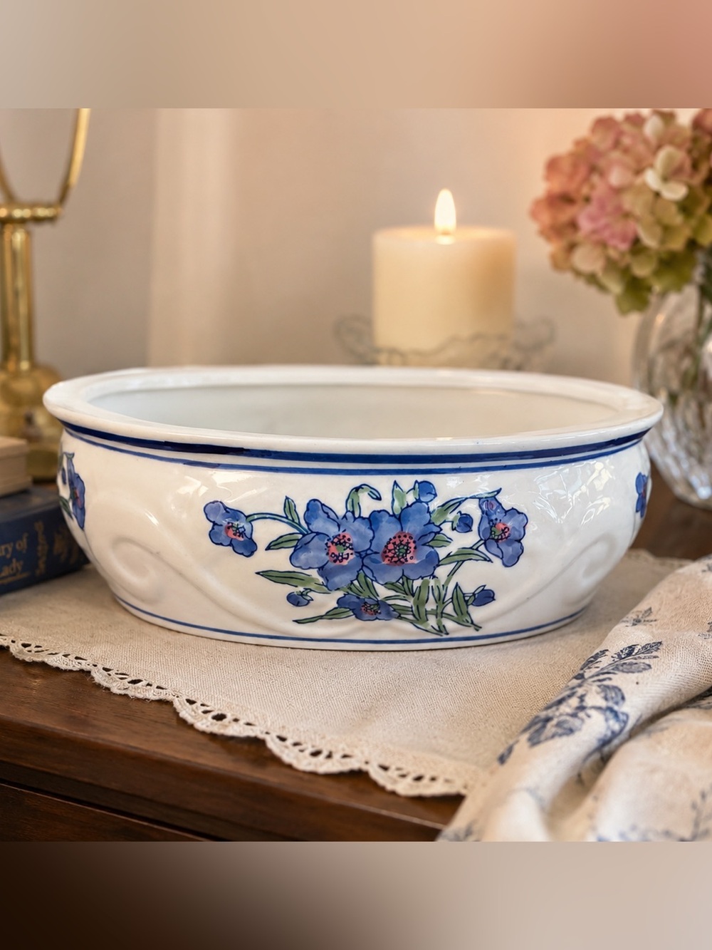 Vintage Blue and White Floral ceramic Oval Planter | Grandmillennial Cottage